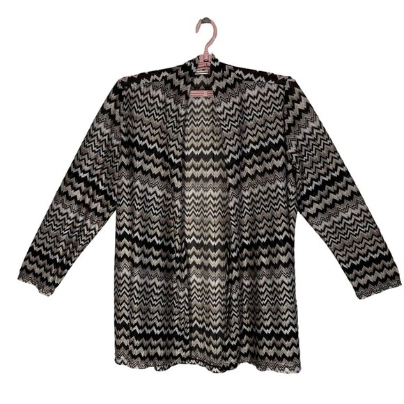 Susan Graver Women's Chevron Pattern Sheer Cardigan Jacket 2X Black Beige - Picture 1 of 10